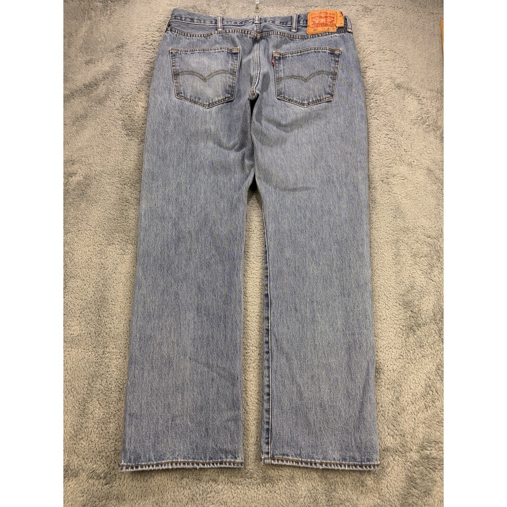 Levis 501 Jeans Mens 38x32 Blue Distressed‎ Denim Straight Leg Button Fly - Picture 4 of 11